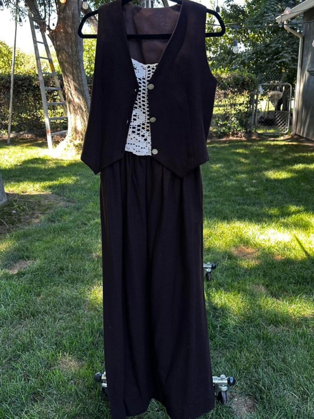 Retro Vintage Brown Overall Dress With Matching Vest Homemade Measures Modern S